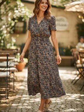 Women's Unbranded Floral Midi Dress M Off-White Blue